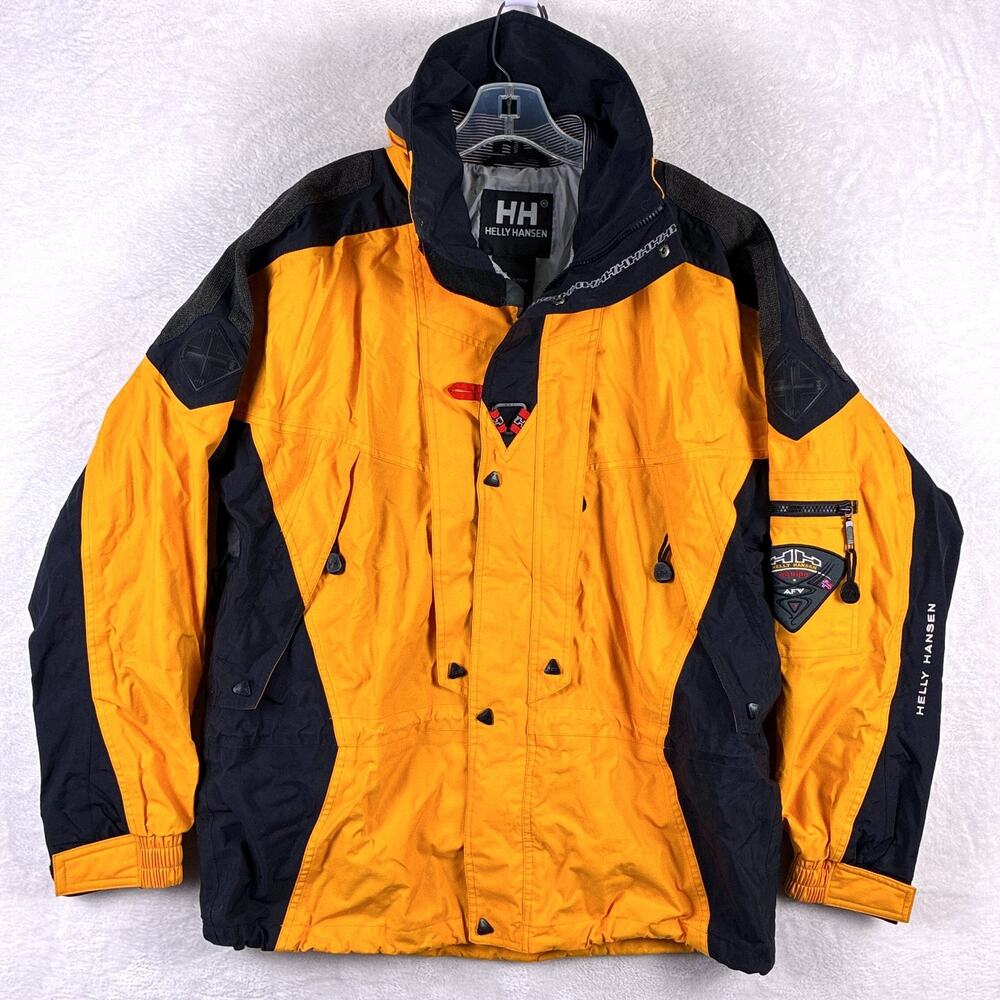 VTG Helly Hansen Jacket Tangerine Black Equipe Nylon Snowboarding Ski Hiking 90s